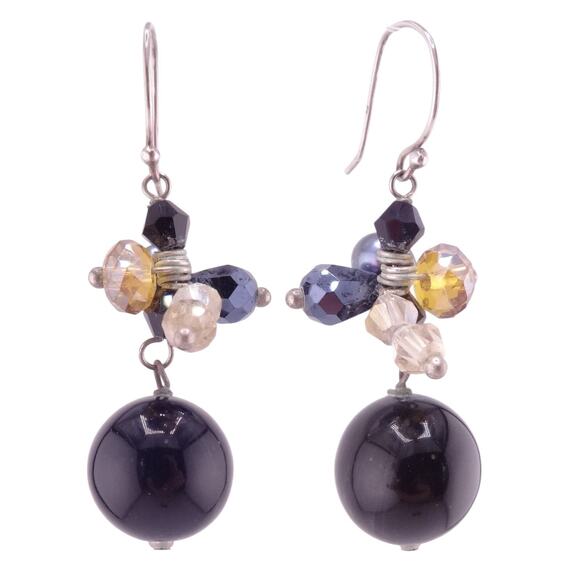Black Round Stone with Dangles Sterling Silver Hook Earrings 1 3/4" NWOT - Picture 1 of 1